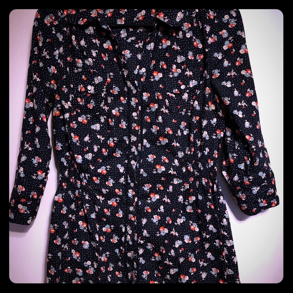 navy and floral print button up shirt dress